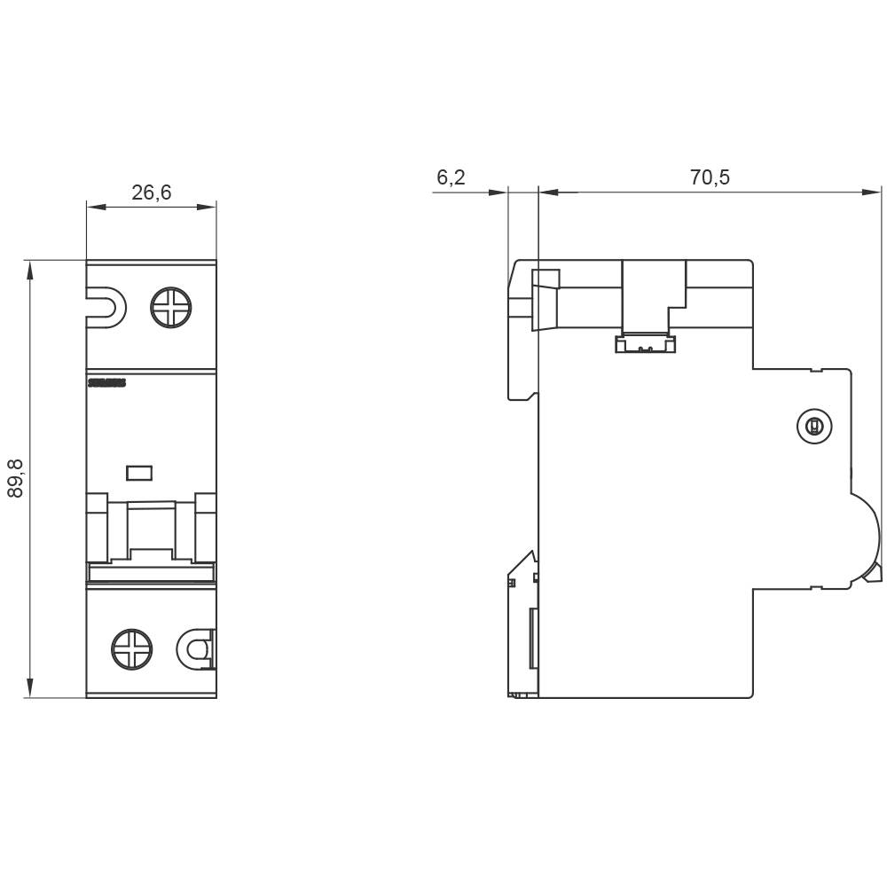 Dessin technique d'un composant électrique avec les dimensions suivantes : largeur 26,6 mm, hauteur 89,8 mm, profondeur 70,5 mm et épaisseur 6,2 mm.
