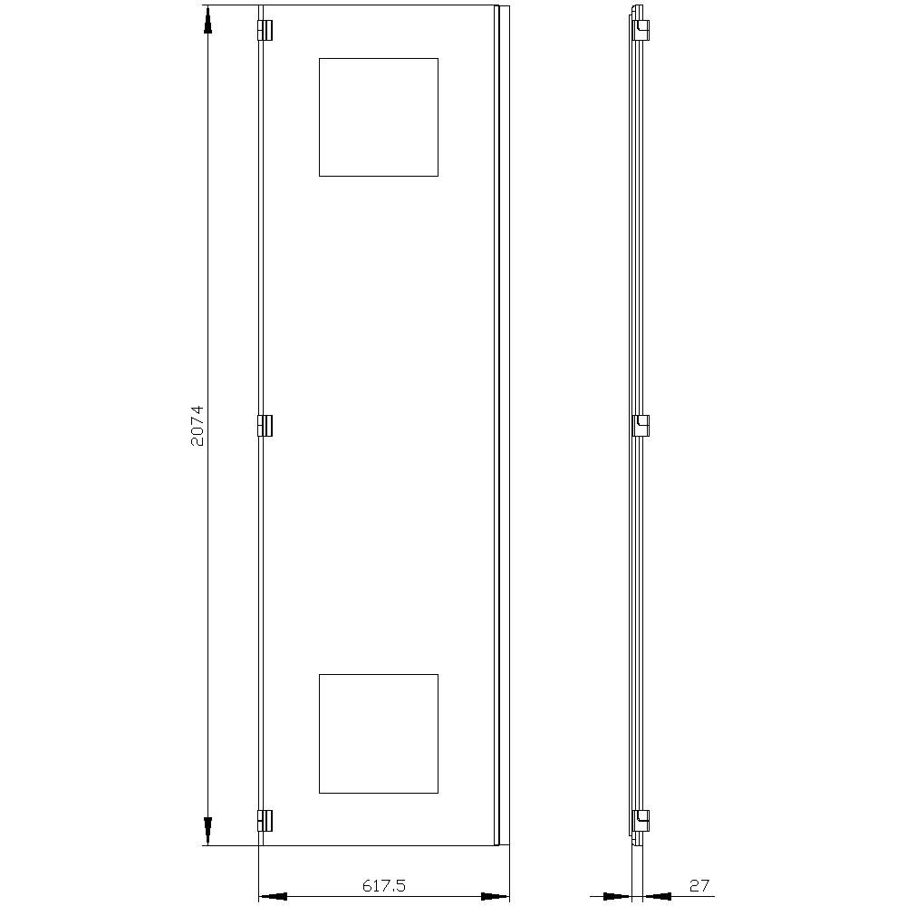 Dessin technique d'une porte rectangulaire avec deux découpes carrées, hauteur 2074 mm, largeur 617,5 mm, profondeur 27 mm.