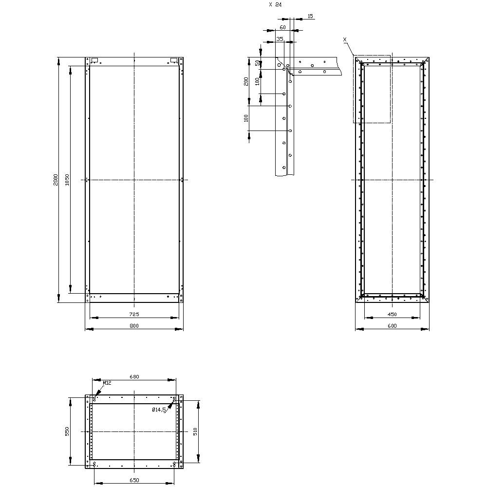 Dessin technique d'un cadre métallique rectangulaire avec dimensions et détails de connexion. Vue de dessus, latérale et frontale.