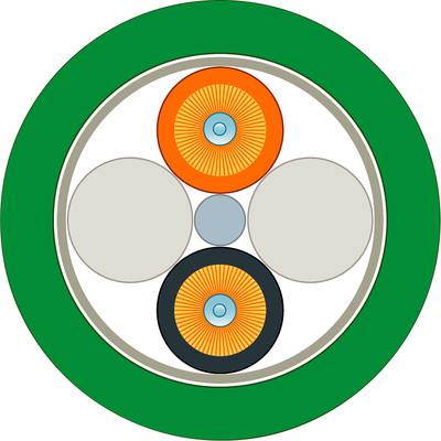 Un schéma circulaire montre des petits cercles en orange, bleu et gris au centre. Bordé de vert à l'extérieur, il symbolise un concept électronique.