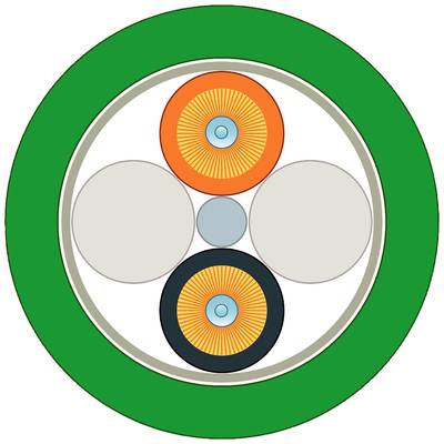 Une coupe transversale d'un câble avec plusieurs couches isolantes concentriques et des fils de différentes couleurs et tailles.