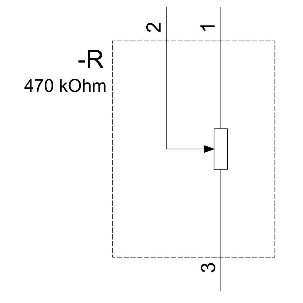 Le symbole électrique représente une résistance 'R' d'une valeur de 470 kΩ, avec des bornes aux points 1, 2 et 3, présenté dans un cadre rectangulaire.