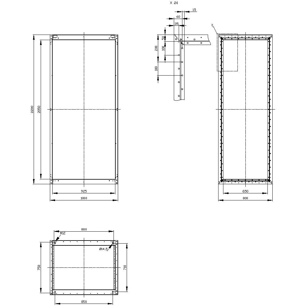 Dessin technique d'un cadre rectangulaire avec ses dimensions. Le dessin présente des vues frontale, latérale et supérieure avec des mesures détaillées.