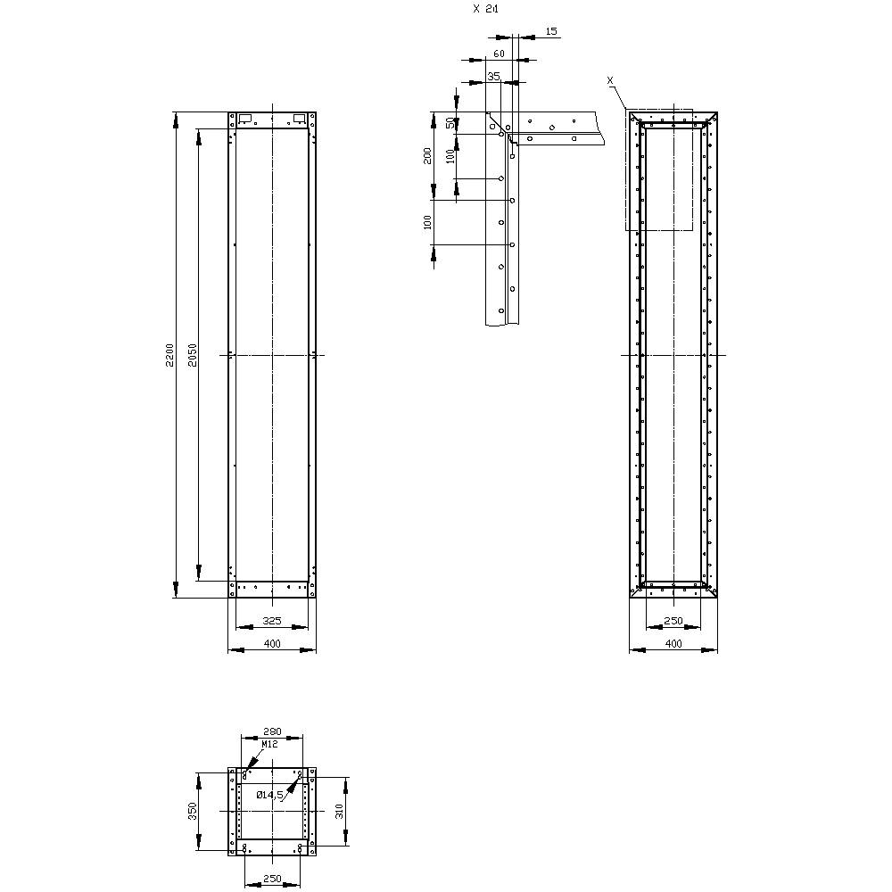 Dessin technique d'une plaque de construction rectangulaire avec des dimensions précises en millimètres. Vue de face et vue latérale avec des détails des points de fixation par vis.