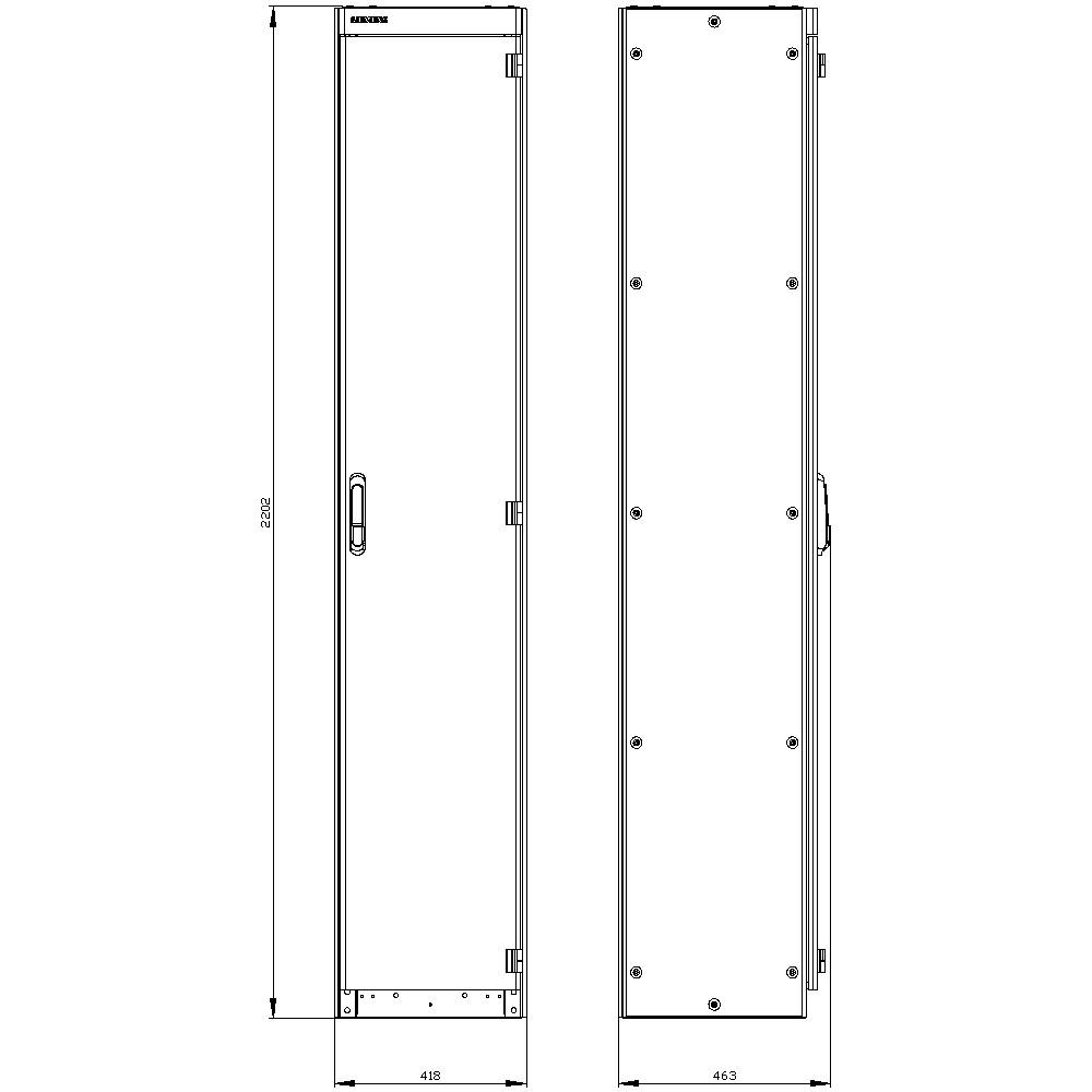 Dessin technique 'Rittal' : Deux vues d'une armoire métallique élancée avec ses dimensions ; vue de face à gauche, vue latérale à droite, chacune avec poignée et vis.