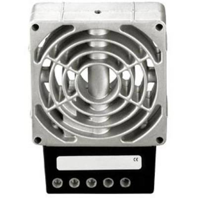 Un ventilateur métallique dans un boîtier rectangulaire avec une grille de protection visible et un témoin lumineux en bas.