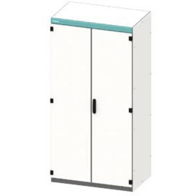 Un placard blanc à deux portes avec des poignées noires. Un fin bandeau bleu est visible en haut.