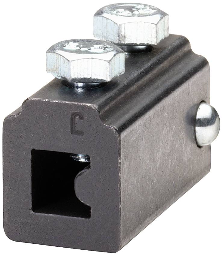Connecteur métallique avec deux vis en haut, raccordement carré en bas et vis de serrage latérale.