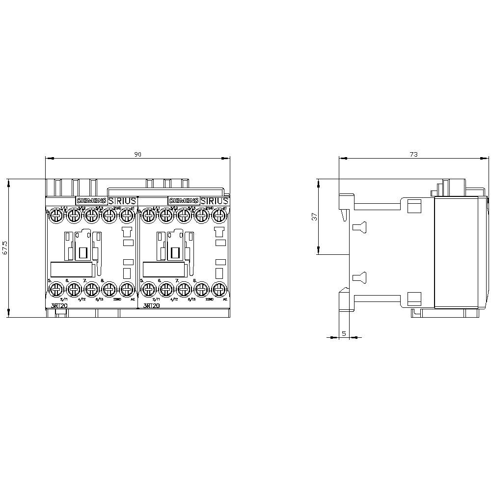 Dessin technique d'un appareil électrique de commutation avec vue de face et vue latérale. Dimensions indiquées en millimètres, montrant la disposition et les connexions.
