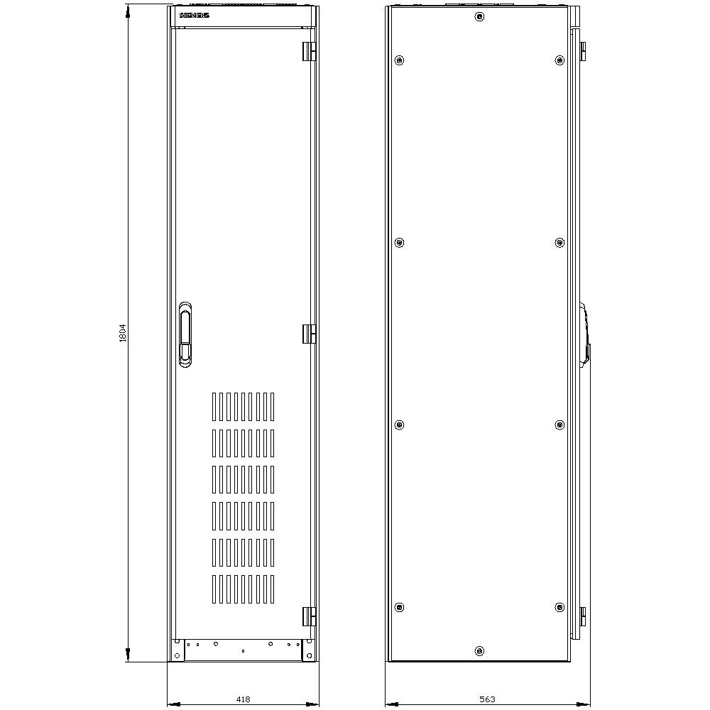 'Plan dimensionnel d'un armoire électrique. Hauteur : 1954 mm, Largeur : 418 mm, Profondeur : 563 mm. Vue de face avec des fentes de ventilation et vue latérale.'