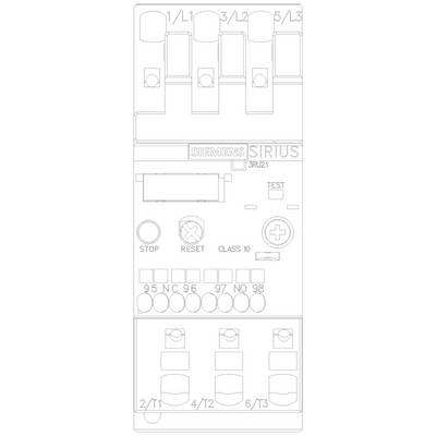 Un dispositif de commutation Siemens portant l'inscription 'SIRIUS 3RU21', montrant les interrupteurs et les connexions. En haut 'L1/L2/L3', en bas des touches pour 'STOP' / 'RESET'.