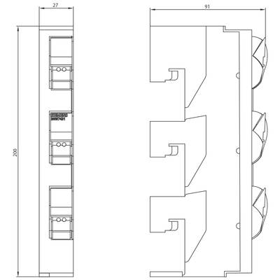 Dessin technique d'un composant électrique avec dimensions : 200 mm de hauteur, 27 mm de largeur, 91 mm de profondeur, présentant une vue intérieure.