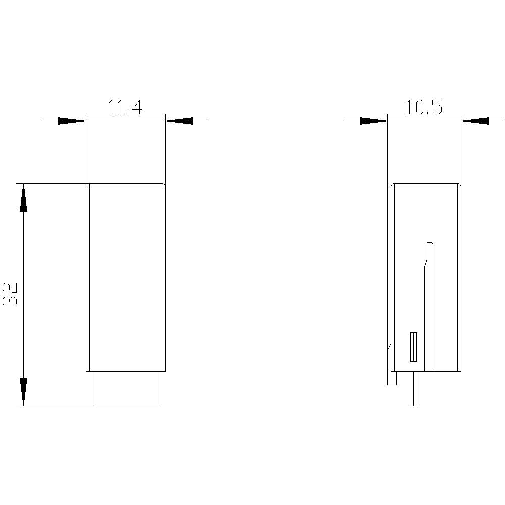 Dessin technique d'un objet rectangulaire avec les dimensions 11,4 x 32 et 10,5. Vue de côté et vue de face représentées.