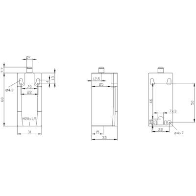 Dessin technique d'un composant cylindrique avec dimensions : Largeur 31 mm, Hauteur 74 mm, Profondeur 33 mm. Comprend des détails de filetage et des espacements de perçages.