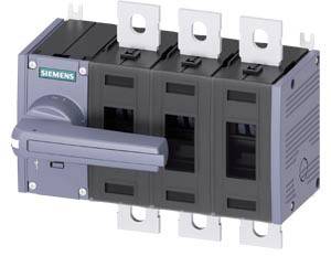 Un interrupteur électrique de Siemens avec quatre interrupteurs à bascule noirs et un levier gris, adjacent à des contacts métalliques.
