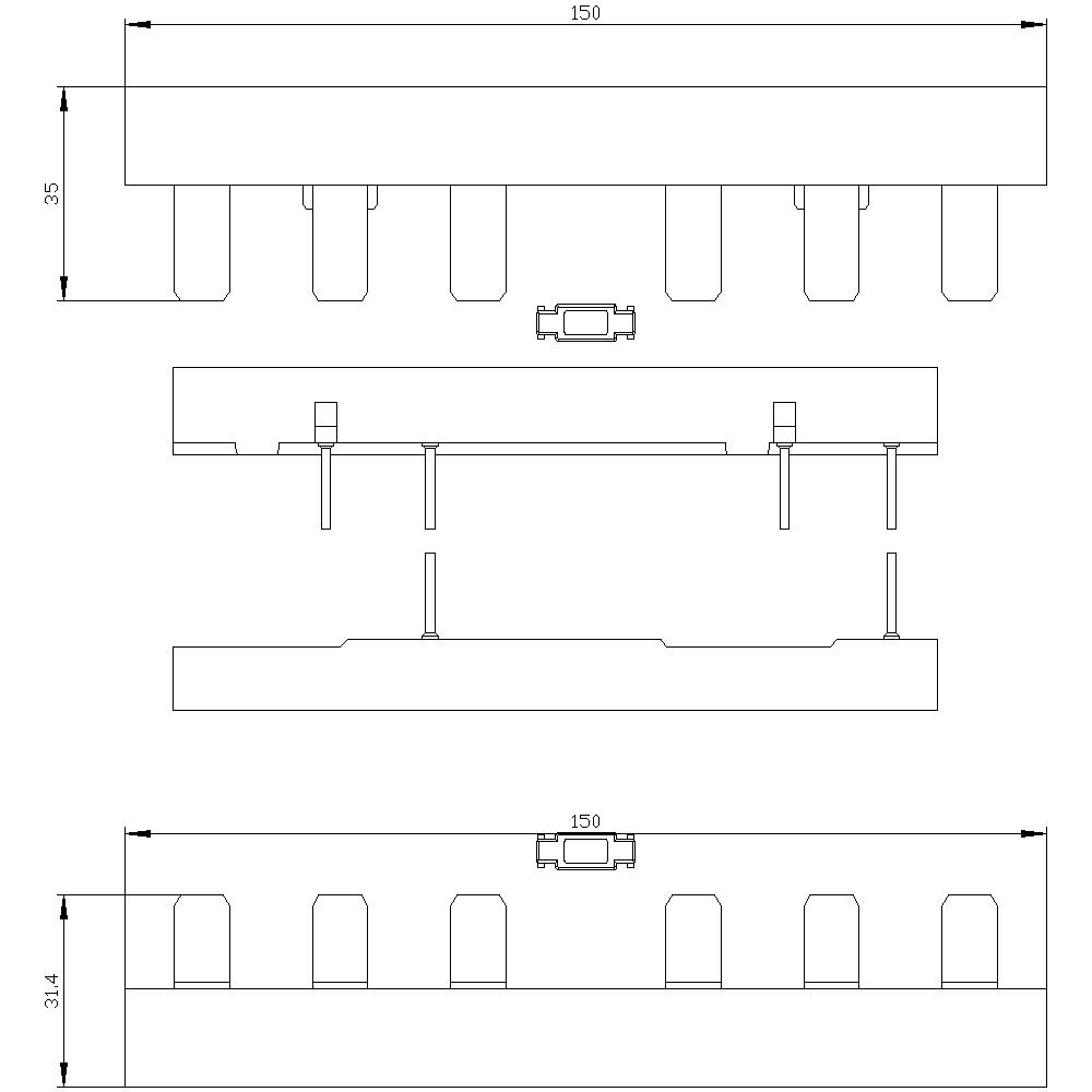Dessin technique d'un composant avec dimensions : longueur 150 mm, hauteur 35 mm. Différentes vues présentent les détails et les connexions.