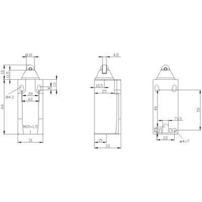Dessin technique d'un composant cylindrique avec les dimensions suivantes : hauteur 50, largeur 31, divers joints et points de fixation représentés.