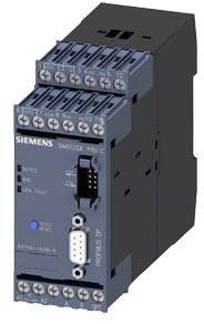 Dispositif de gestion de moteur 'Siemens SIMOCODE pro C' dans un boîtier noir avec plusieurs bornes de connexion et une LED de statut bleue.