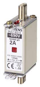 Élément de fusible électrique désigné '3NA7 802-6', tension 690V, intensité de courant 2A, produit par Siemens, fabriqué en Allemagne.