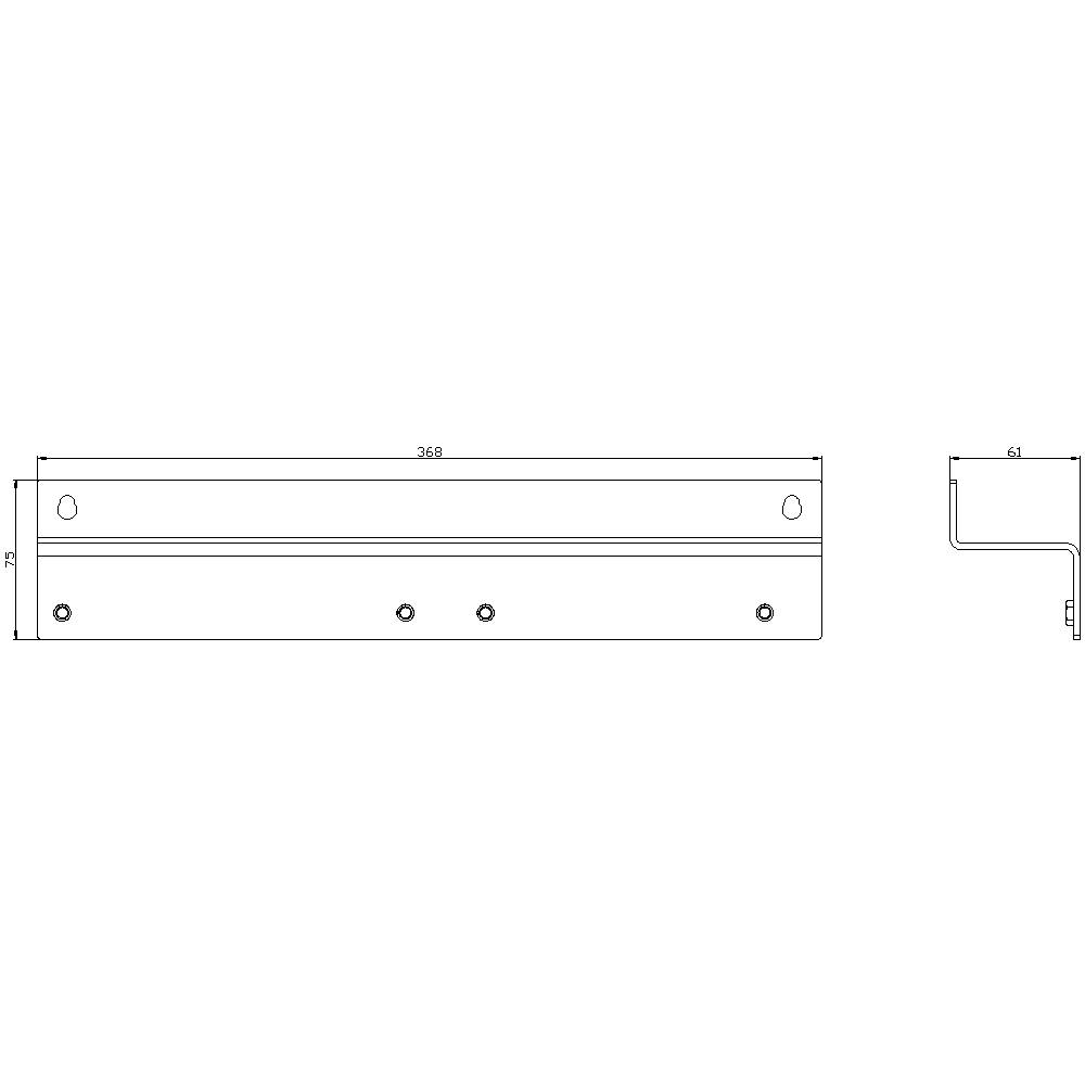 Dessin technique d'un profilé métallique plat avec deux trous en haut, trois en bas, espacés de 368 mm. Vue latérale à droite avec une hauteur de 61 mm.