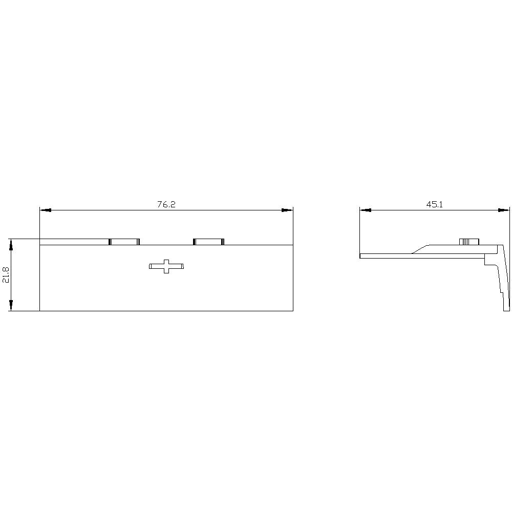 Dessin technique d'un composant avec dimensions : Longueur 76,2, Hauteur 21,8, Profondeur 45,1. Vue de dessus et vue latérale, montrant les points de fixation.