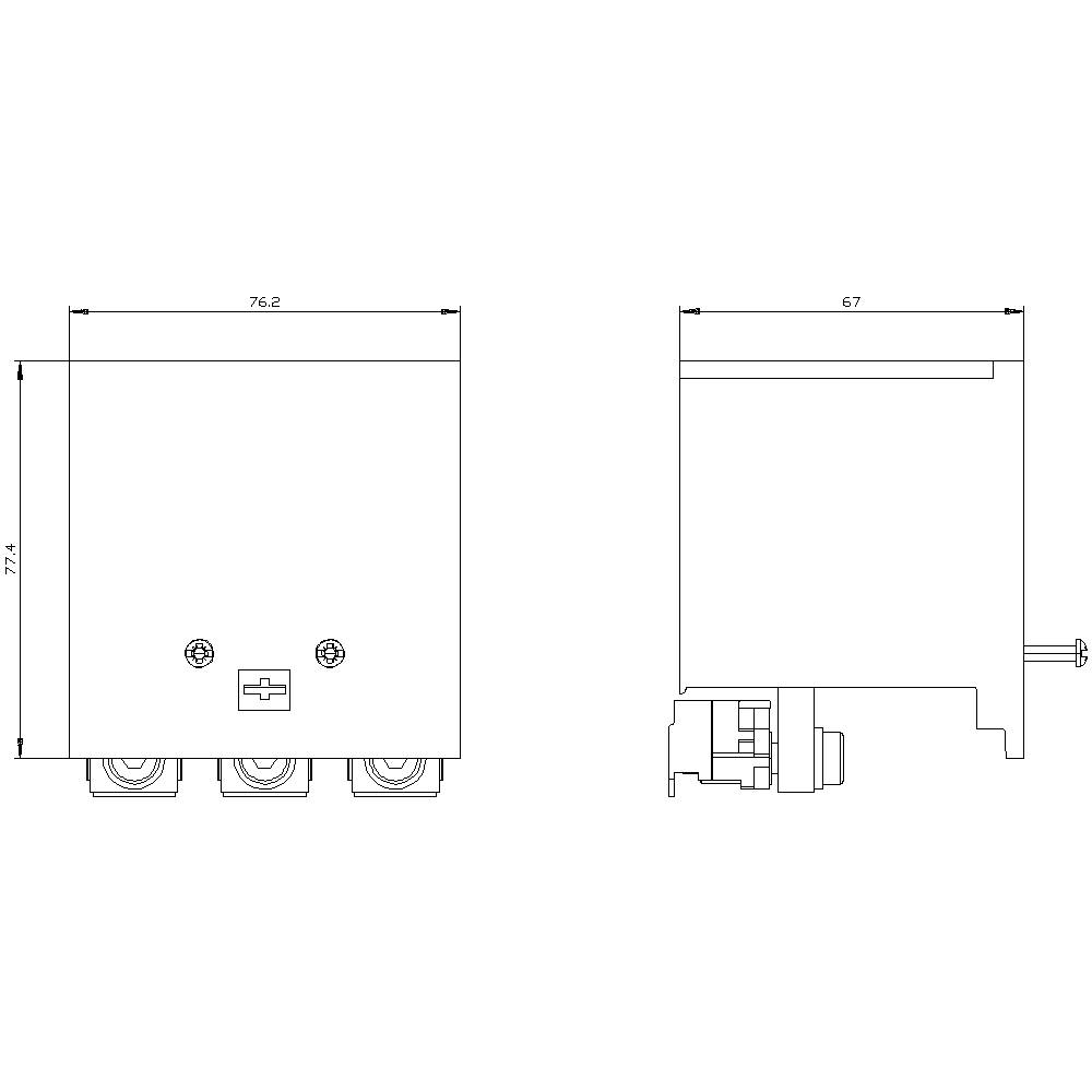 Dessin technique d'un boîtier rectangulaire aux dimensions 76,2 mm x 72,4 mm. La vue latérale indique une profondeur de 67 mm.