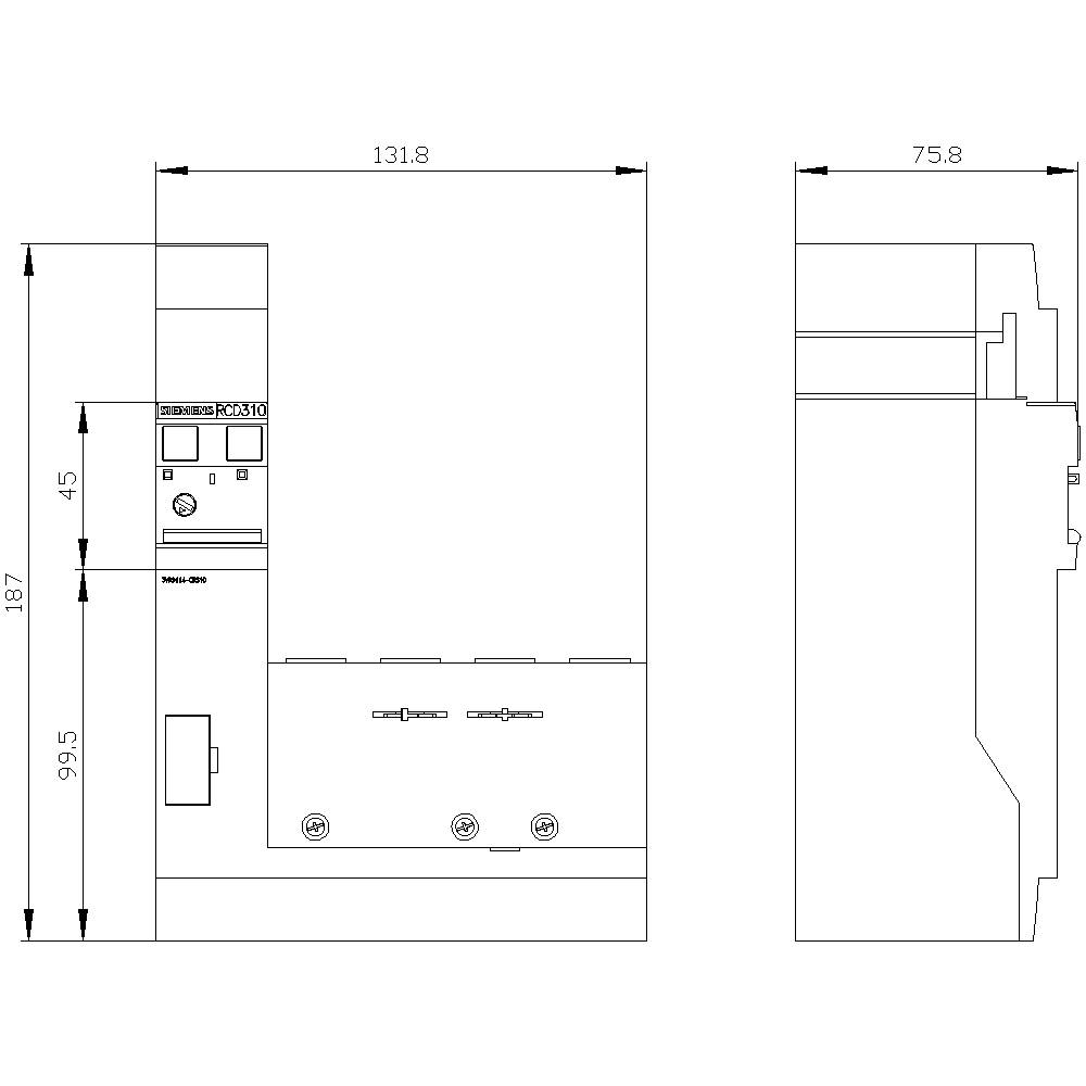 Vue de face et de côté d'un dessin technique d'un appareil électronique avec dimensions : largeur 131,8 mm, hauteur 187 mm, profondeur 75,8 mm.