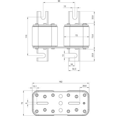 Dessin technique d'un dispositif mécanique avec des dimensions précises en millimètres sur différentes vues latérales.