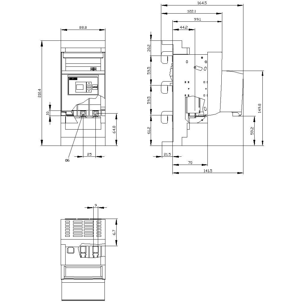 Dessin technique d'une machine avec vue de face et vue latérale. Les dimensions sont indiquées en millimètres. Montre la position et la taille des composants.