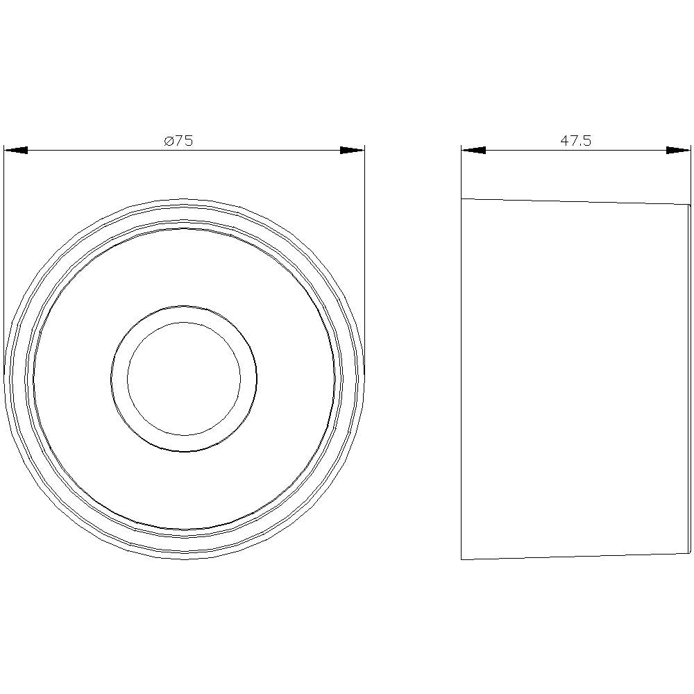 Dessin technique avec vue de dessus et vue latérale d'un objet cylindrique. Diamètre : 75 mm, hauteur : 47,5 mm.