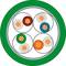 'Cross-section of a multi-core cable with colored insulations: green, red, blue, orange. Cable in a circular sheath.'