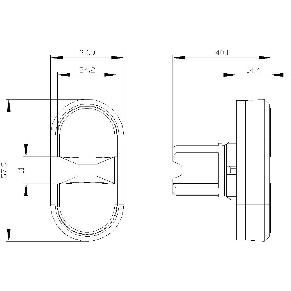 Dessin technique d'une pièce avec cotes en millimètres ; la vue de gauche montre la hauteur et la largeur, la vue de droite montre la profondeur.