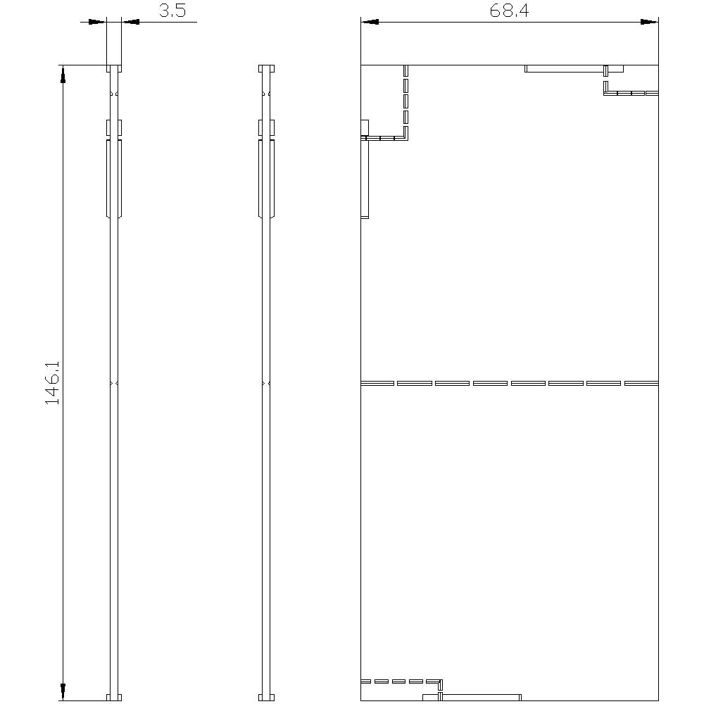 Dessin technique d'un composant rectangulaire avec des dimensions de 146,1 x 68,4 x 3,5 mm, représenté en vue latérale et frontale.