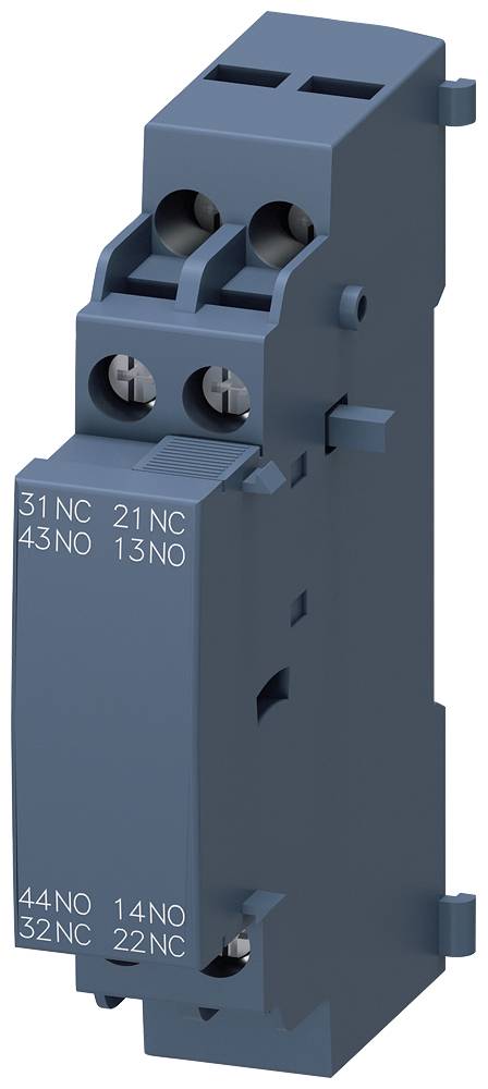 Un relais électrique bleu avec plusieurs bornes de connexion, étiqueté '31 NC', '21 NC', '43 NO', '13 NC', '44 NO', '14 NO', '32 NC', '22 NC'.