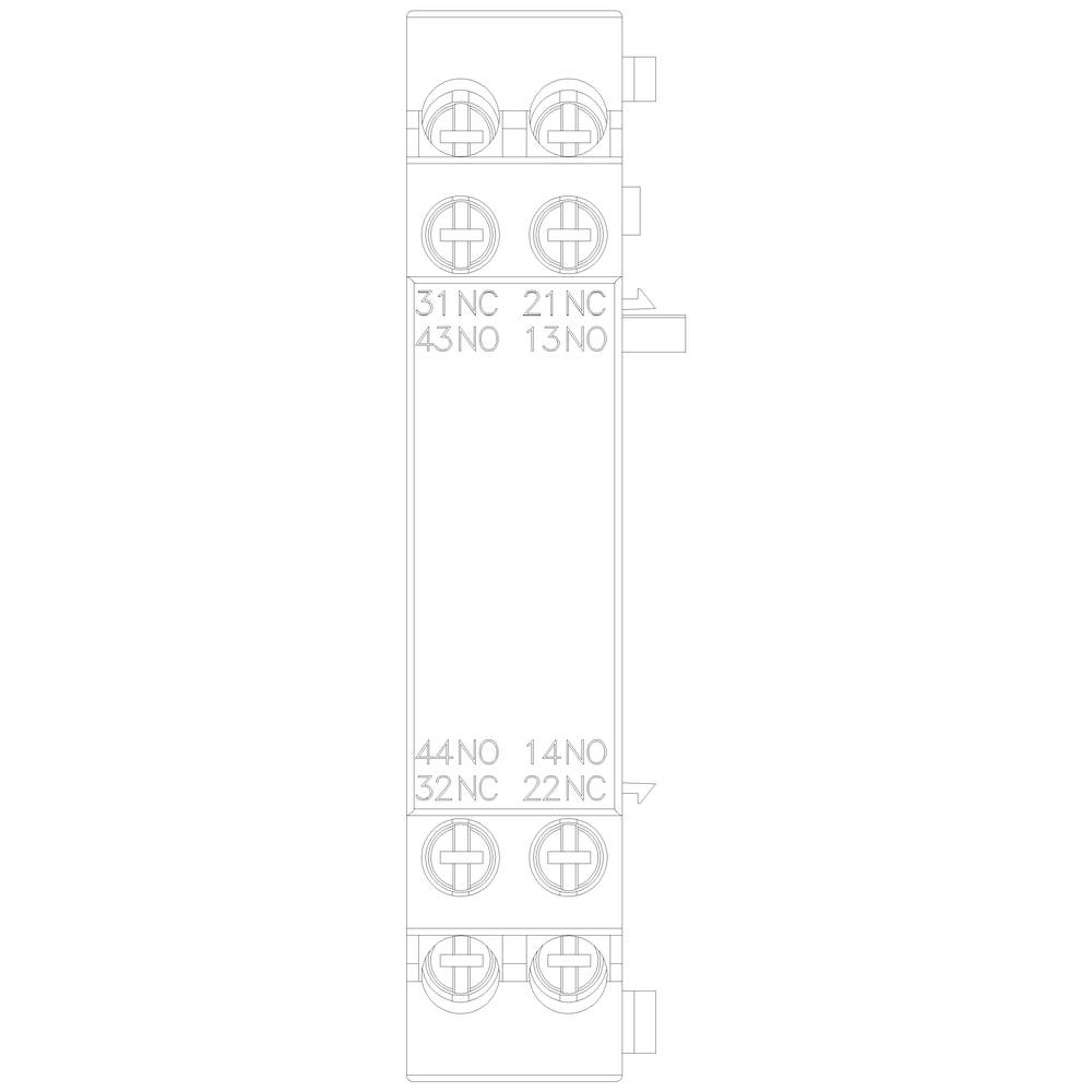 Dessin technique d'un relais avec points de connexion : 31 NC, 21 NC, 13 NO en haut et 44 NO, 14 NO, 32 NC, 22 NC en bas.