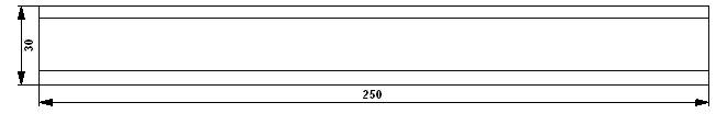Dessin technique d'un objet rectangulaire. Longueur : 250 unités, Hauteur : 30 unités. Présente les dimensions et les vues des arêtes.