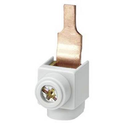 Un isolateur blanc avec une connexion cuivre intégrée. La connexion est plate et orientée vers le haut, adaptée aux connexions électriques.