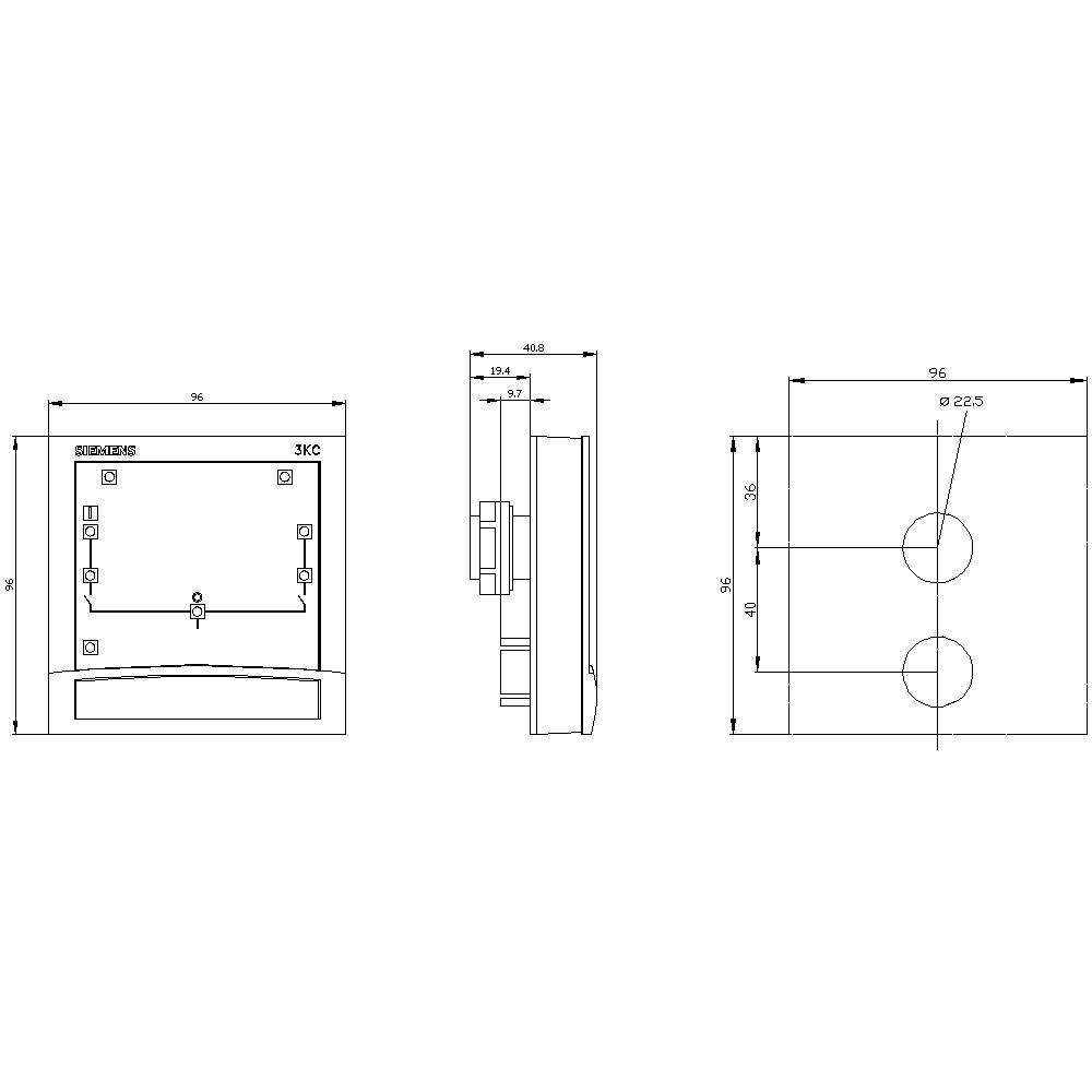 Dessin technique d'un appareil électrique avec vue de face, latérale et arrière. Les dimensions sont indiquées en millimètres.