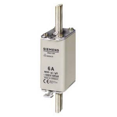 Fusible Siemens, modèle NH00-gL/gG, 6A, 500V/120kA. Corps cylindrique blanc avec des broches métalliques à chaque extrémité.