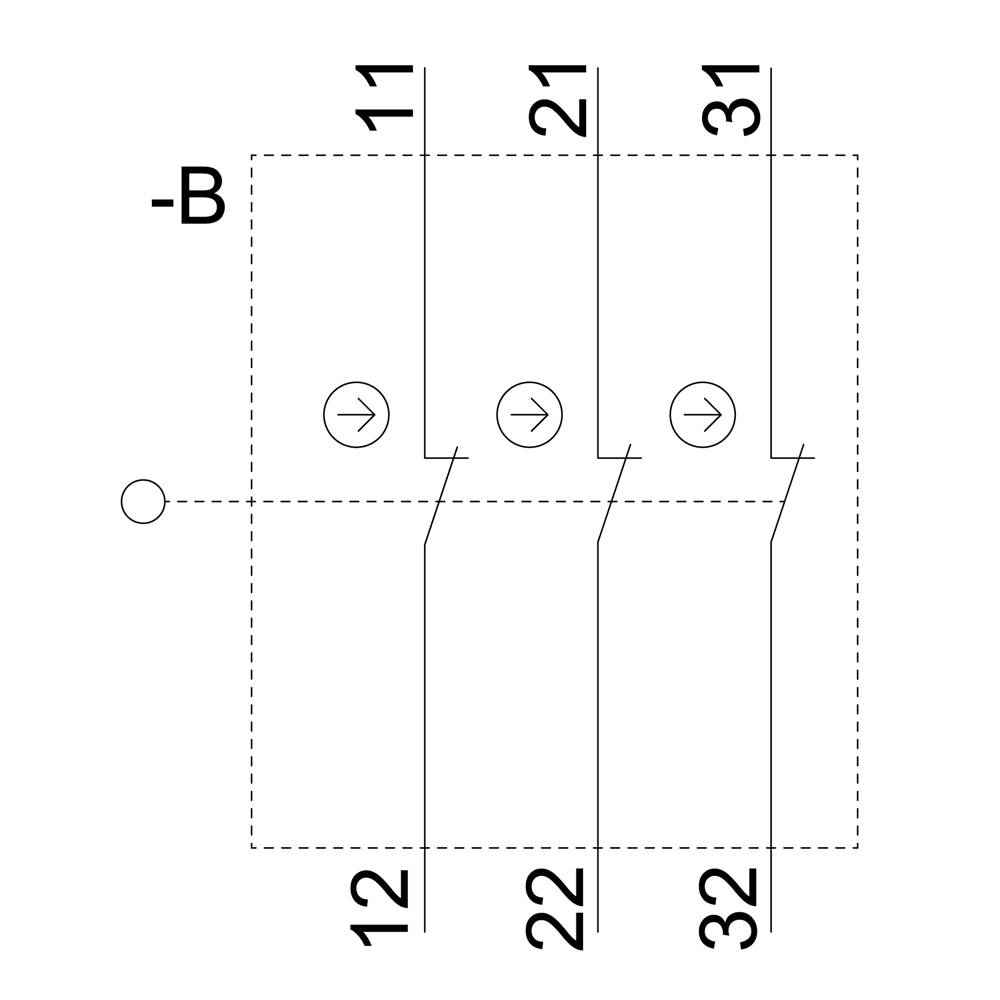 'Trois lignes verticales avec des flèches aux positions 11, 21, 31 ; marquées comme -B. Lignes reliées par des points aux positions 12, 22, 32.'