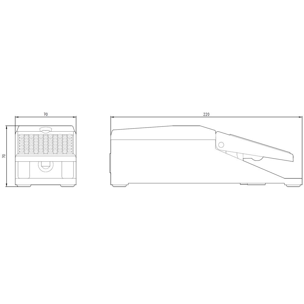 Dessin technique d'un dispositif rectangulaire avec dimensions. Vue latérale et vue de face montrant un levier en haut, longueur de 220 mm, largeur et hauteur de 70 mm.