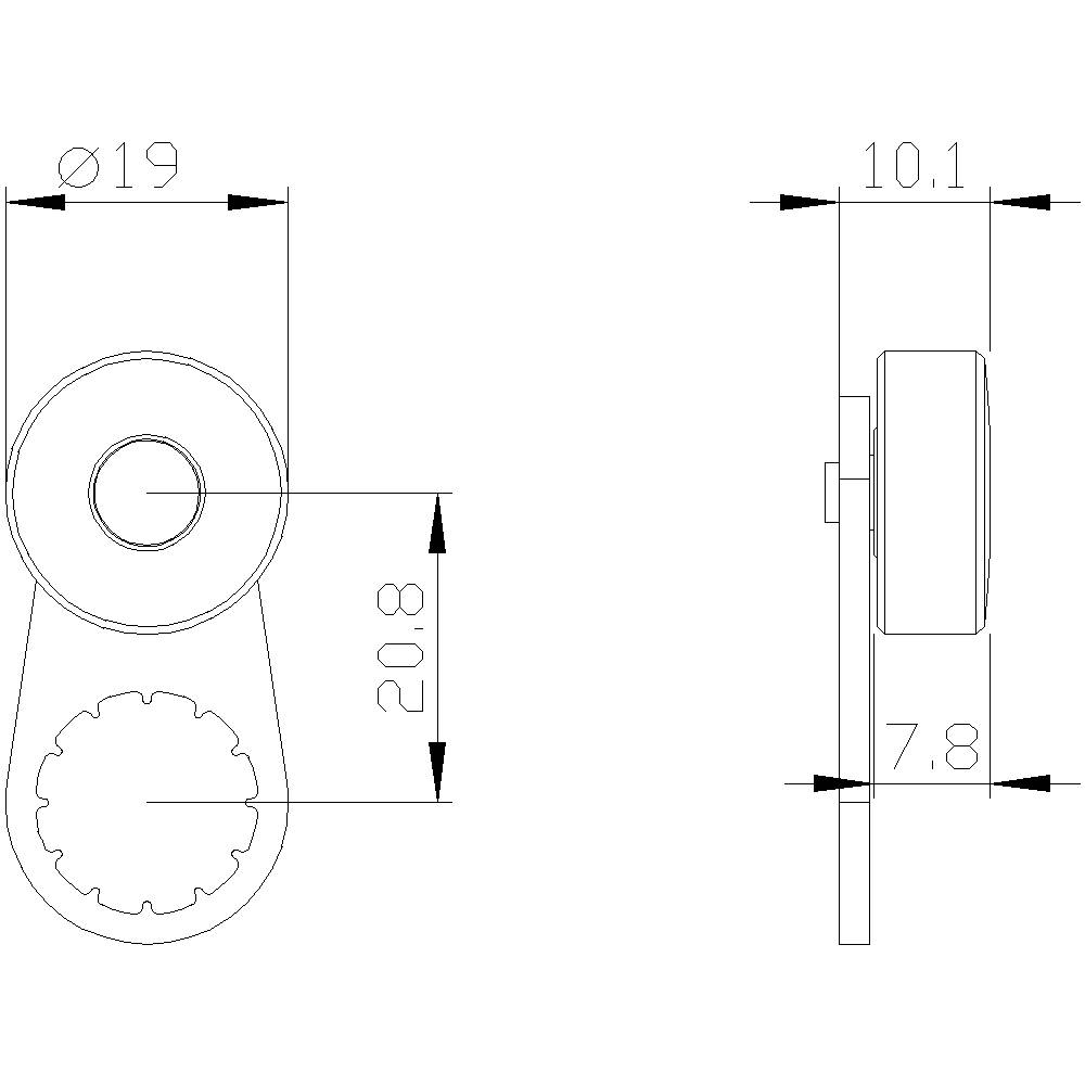 Dessin technique d'un composant rond avec les dimensions suivantes : diamètre 19 mm, longueur 20,8 mm, largeur 10,1 mm, hauteur 7,8 mm.