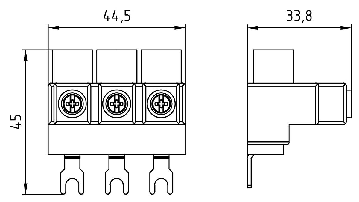 Dessin technique d'un connecteur à 3 pôles : Vue de face avec une largeur de 44,5 mm et une hauteur de 45 mm, vue latérale avec une profondeur de 33,8 mm.