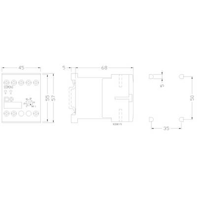 Dessin technique d'un composant électronique avec dimensions en millimètres : largeur 45, hauteur 55/57, profondeur 68. Présente les vues de face et de côté.