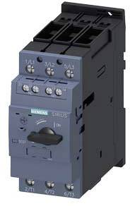 Un disjoncteur électrique Siemens, modèle Sirius, dans un boîtier sombre avec un interrupteur à bascule et plusieurs points de connexion en haut et en bas.