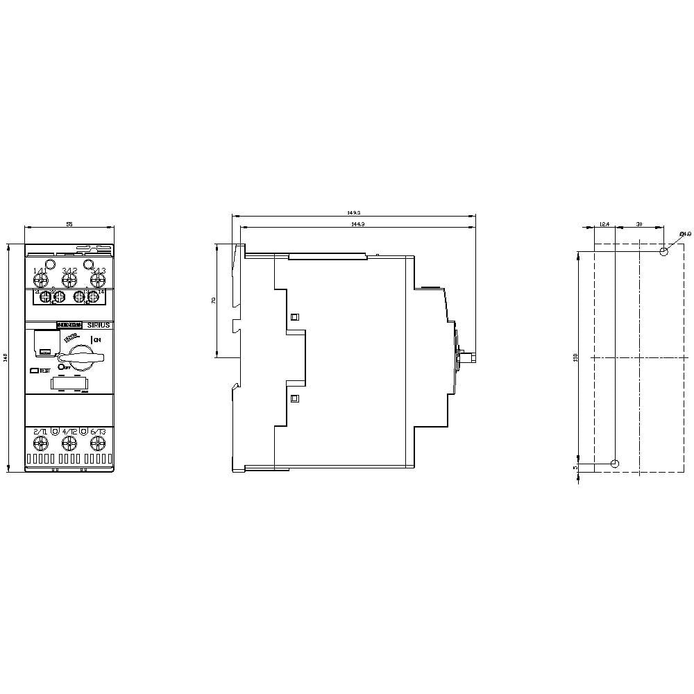 Diagramme d'un appareil électrique avec étiquettes. Présente une vue de face, une vue latérale et des dimensions détaillées pour l'installation.