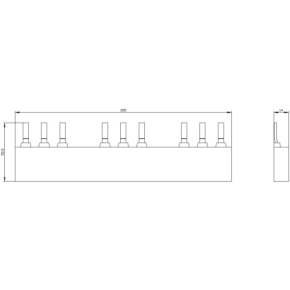 Dessin technique d'un composant avec huit goupilles réparties uniformément. Dimensions : 805 mm de largeur, 35 mm de hauteur, 14 mm de profondeur.