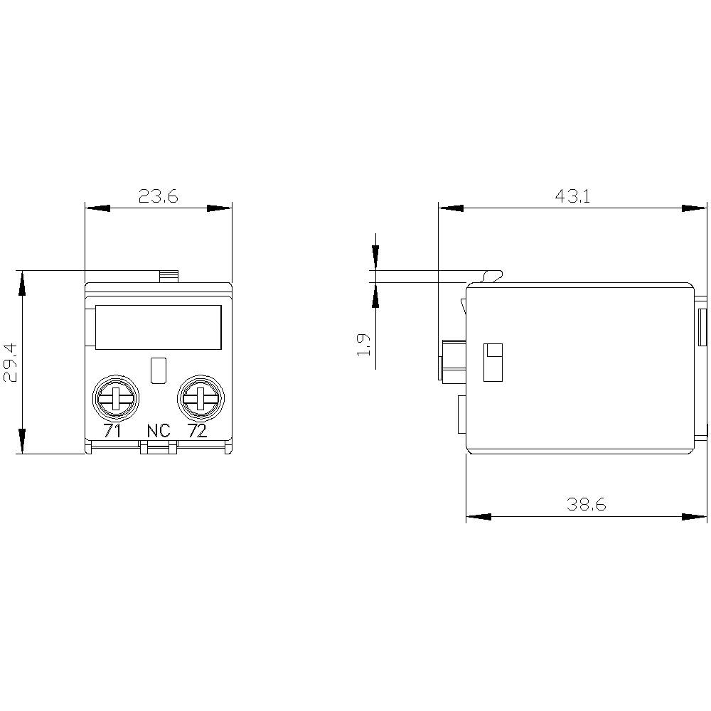Dessin technique d'un appareil électrique rectangulaire avec une vue de face à gauche et une vue latérale à droite. Dimensions : 23,6 x 29,4 mm (face avant), 43,1 x 38,6 x 19 mm (côté).
