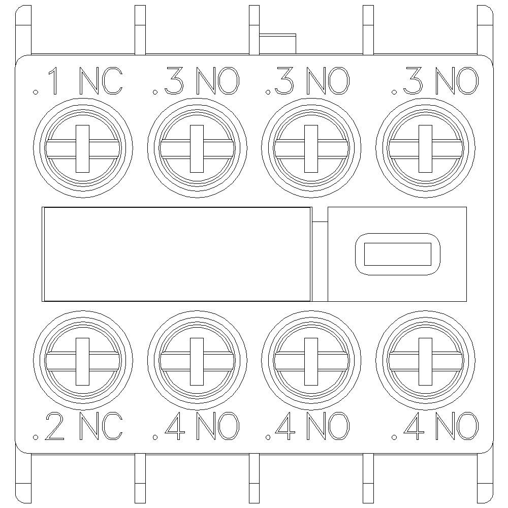 Dessin d'un connecteur électrique à huit contacts, étiqueté avec '.1 NC', '.2 NC', '.3 NO', '.4 NO'.