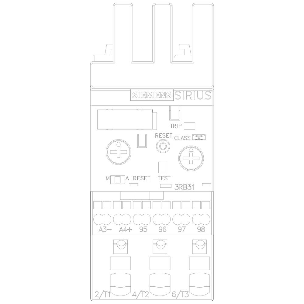 Contacteur Siemens SIRIUS avec touches de test et de réinitialisation, voyants LED, et bornes étiquetées en bas, modèle 3RB31.